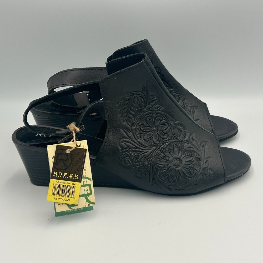 Roper Leather Shoes Womens 9.5 Black Heel Western Flowers Peep Sling Cowgirl New